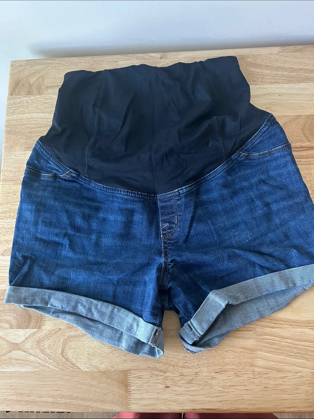 High-Waist Maternity Denim Shorts with Black Support Panel - Dark Blue